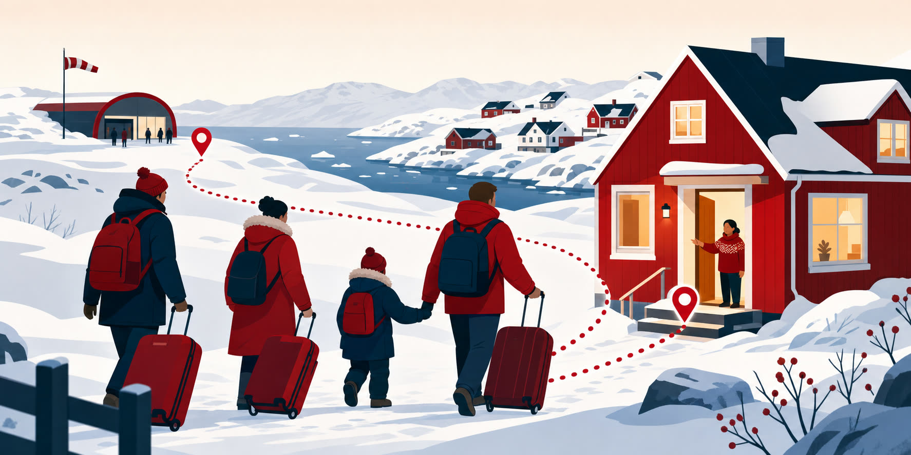 Local Greenlandic hosts welcoming passengers after a cancelled flight